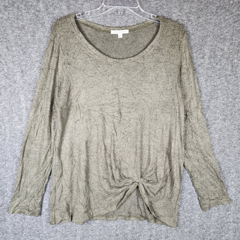 Green Envelope Top Womens L Front Knot Olive Green Marl Long Sleeve EUC
